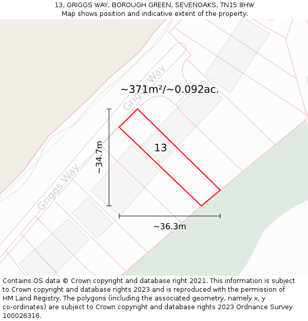 13, GRIGGS WAY, BOROUGH GREEN, SEVENOAKS, TN15 8HW: Plot and title map