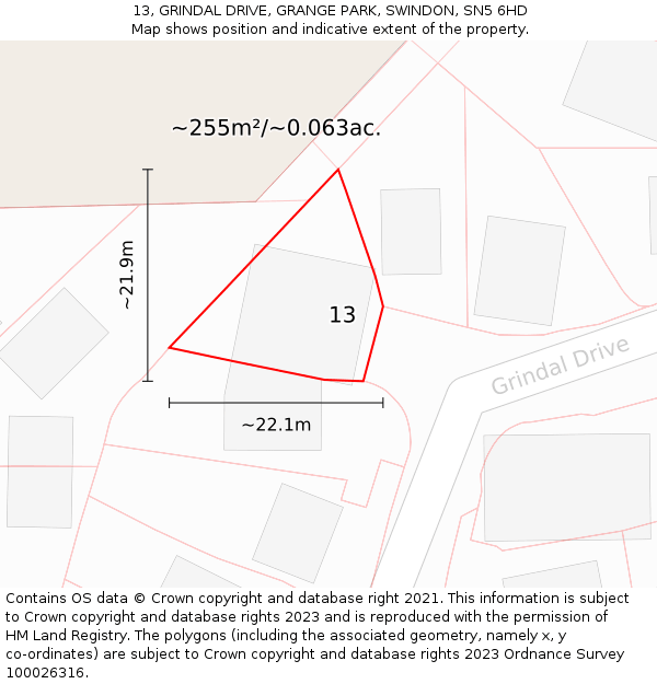 13, GRINDAL DRIVE, GRANGE PARK, SWINDON, SN5 6HD: Plot and title map