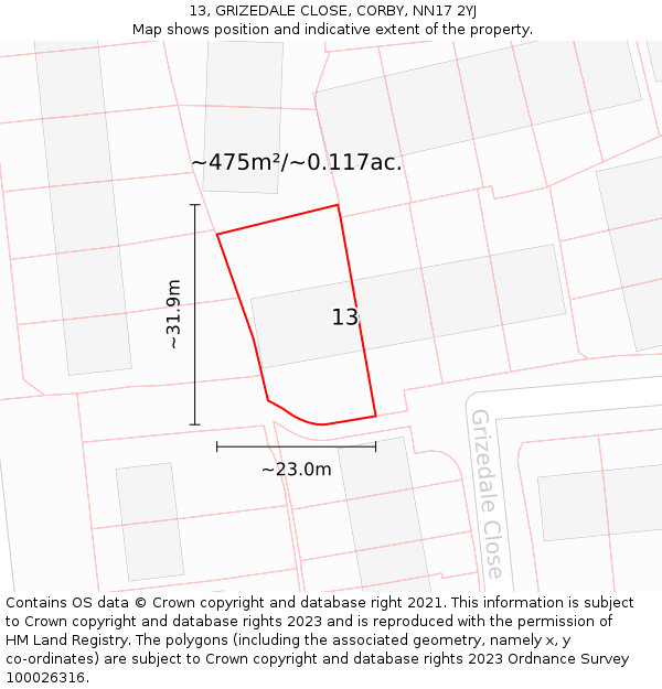 13, GRIZEDALE CLOSE, CORBY, NN17 2YJ: Plot and title map