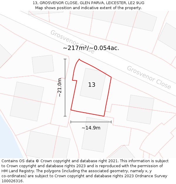 13, GROSVENOR CLOSE, GLEN PARVA, LEICESTER, LE2 9UG: Plot and title map