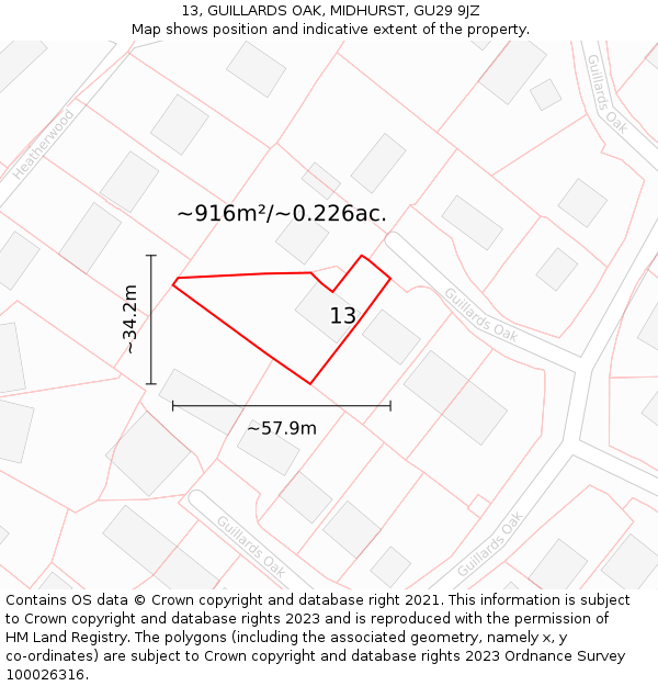 13, GUILLARDS OAK, MIDHURST, GU29 9JZ: Plot and title map