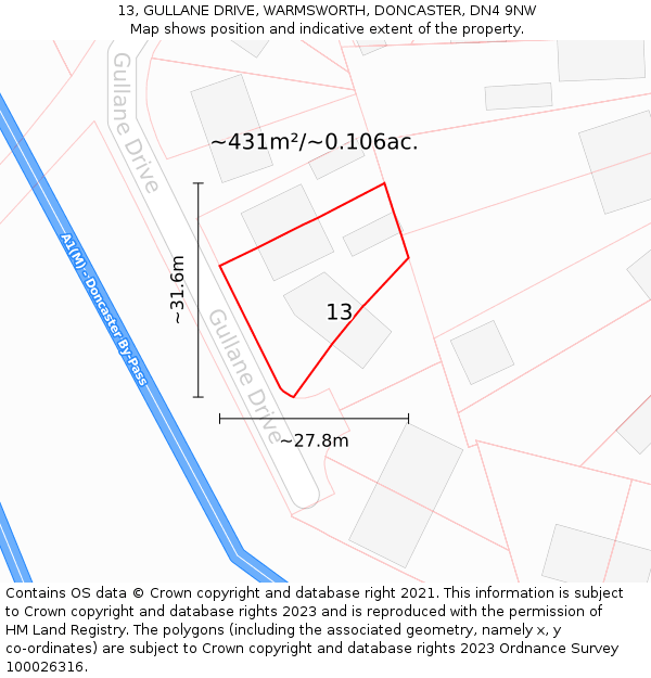 13, GULLANE DRIVE, WARMSWORTH, DONCASTER, DN4 9NW: Plot and title map