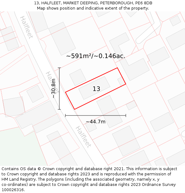 13, HALFLEET, MARKET DEEPING, PETERBOROUGH, PE6 8DB: Plot and title map