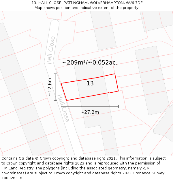 13, HALL CLOSE, PATTINGHAM, WOLVERHAMPTON, WV6 7DE: Plot and title map