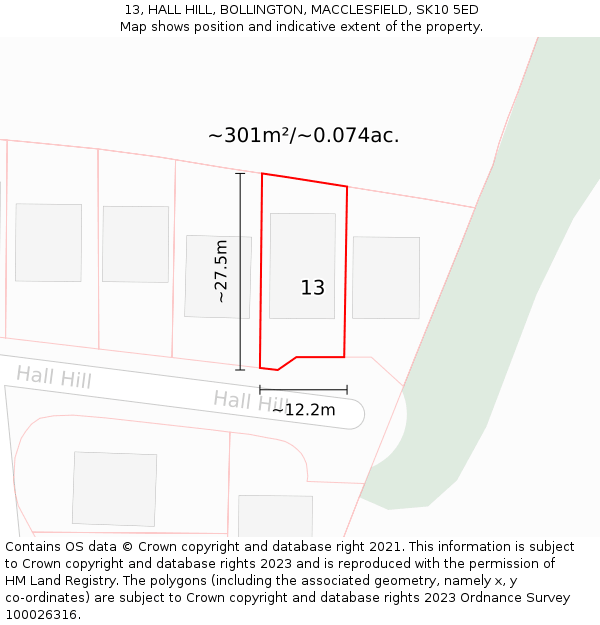 13, HALL HILL, BOLLINGTON, MACCLESFIELD, SK10 5ED: Plot and title map