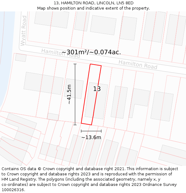 13, HAMILTON ROAD, LINCOLN, LN5 8ED: Plot and title map