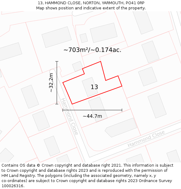 13, HAMMOND CLOSE, NORTON, YARMOUTH, PO41 0RP: Plot and title map