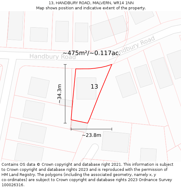 13, HANDBURY ROAD, MALVERN, WR14 1NN: Plot and title map