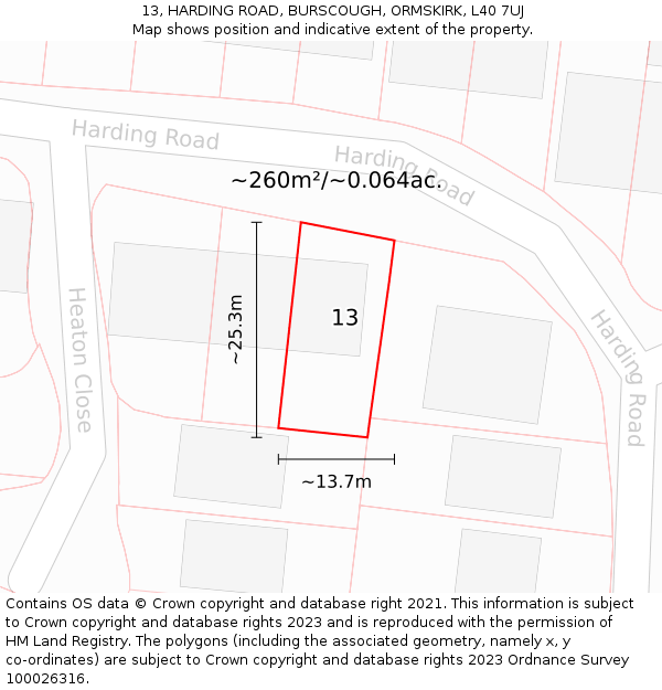 13, HARDING ROAD, BURSCOUGH, ORMSKIRK, L40 7UJ: Plot and title map