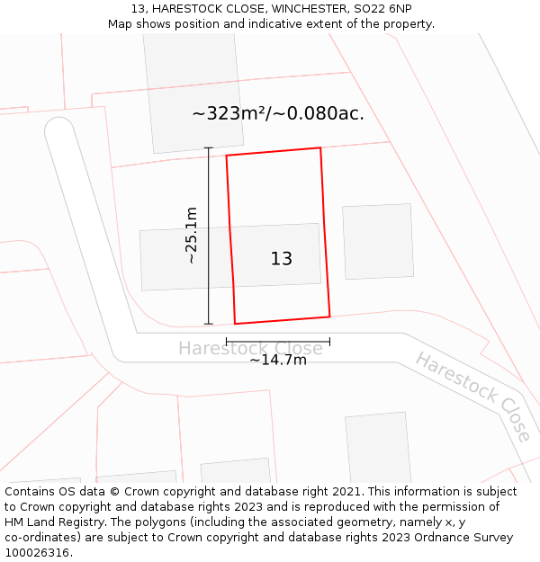 13, HARESTOCK CLOSE, WINCHESTER, SO22 6NP: Plot and title map