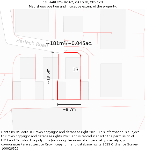 13, HARLECH ROAD, CARDIFF, CF5 6XN: Plot and title map