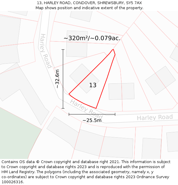 13, HARLEY ROAD, CONDOVER, SHREWSBURY, SY5 7AX: Plot and title map