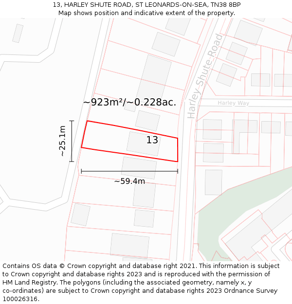 13, HARLEY SHUTE ROAD, ST LEONARDS-ON-SEA, TN38 8BP: Plot and title map