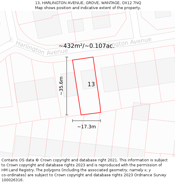 13, HARLINGTON AVENUE, GROVE, WANTAGE, OX12 7NQ: Plot and title map