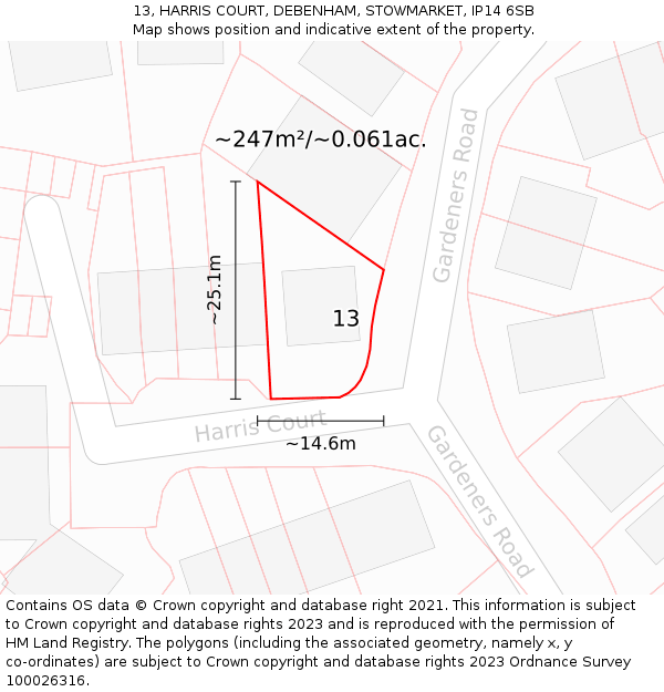 13, HARRIS COURT, DEBENHAM, STOWMARKET, IP14 6SB: Plot and title map