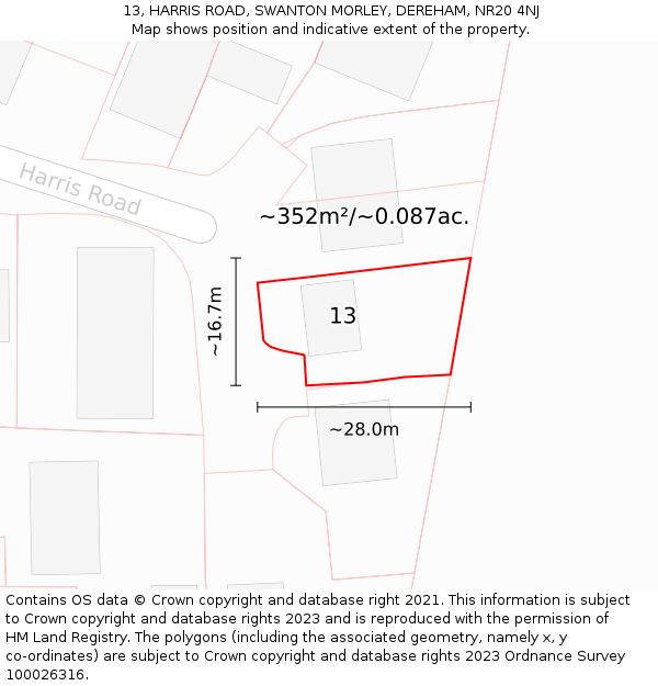 13, HARRIS ROAD, SWANTON MORLEY, DEREHAM, NR20 4NJ: Plot and title map