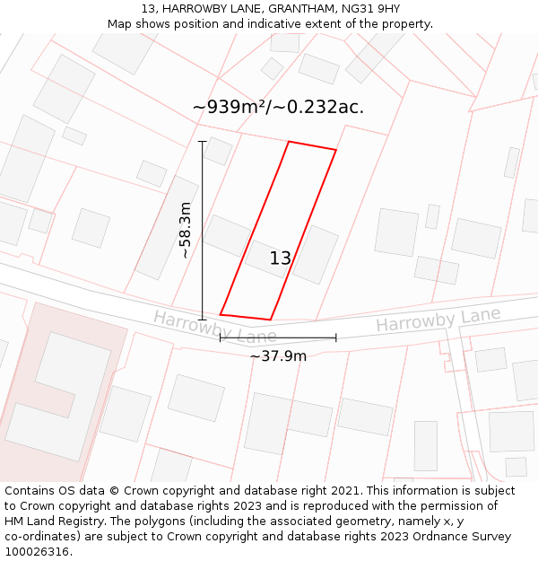 13, HARROWBY LANE, GRANTHAM, NG31 9HY: Plot and title map