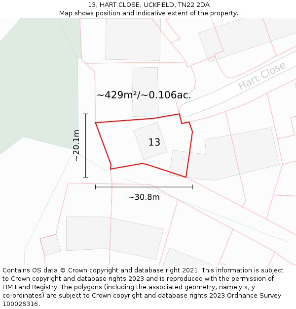 13, HART CLOSE, UCKFIELD, TN22 2DA: Plot and title map