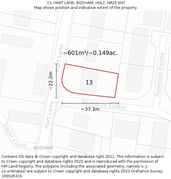 13, HART LANE, BODHAM, HOLT, NR25 6NT: Plot and title map