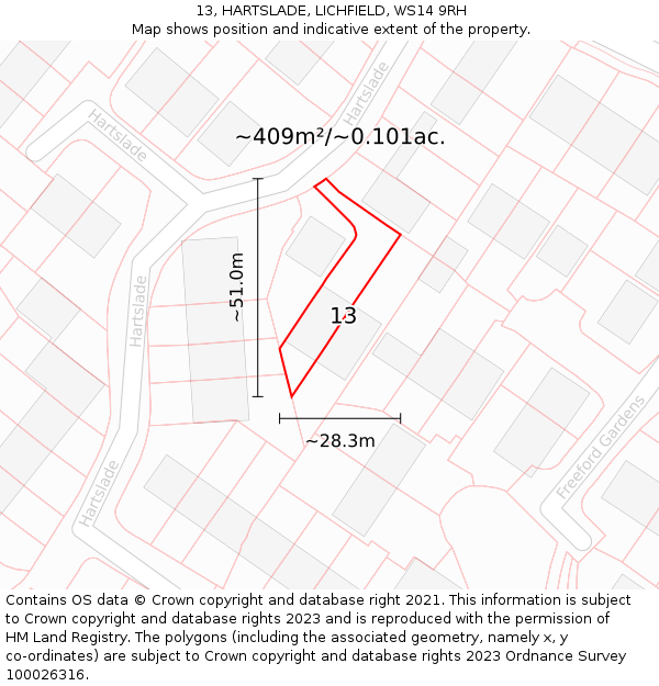 13, HARTSLADE, LICHFIELD, WS14 9RH: Plot and title map