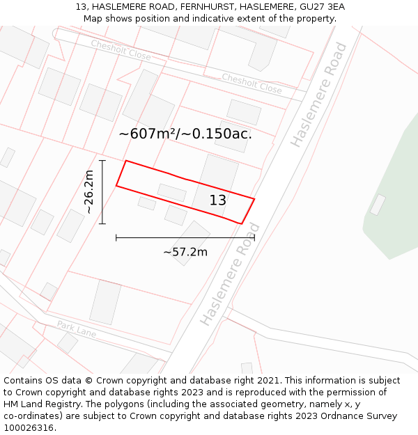 13, HASLEMERE ROAD, FERNHURST, HASLEMERE, GU27 3EA: Plot and title map