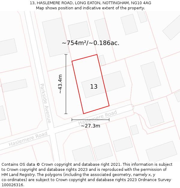 13, HASLEMERE ROAD, LONG EATON, NOTTINGHAM, NG10 4AG: Plot and title map