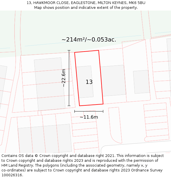 13, HAWKMOOR CLOSE, EAGLESTONE, MILTON KEYNES, MK6 5BU: Plot and title map