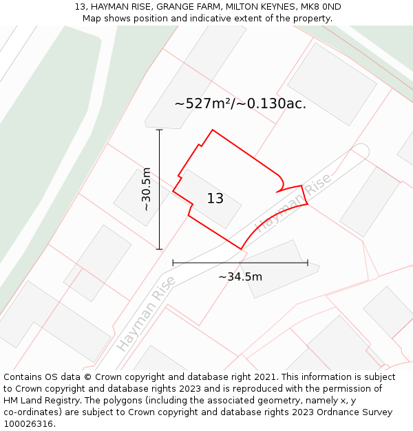 13, HAYMAN RISE, GRANGE FARM, MILTON KEYNES, MK8 0ND: Plot and title map