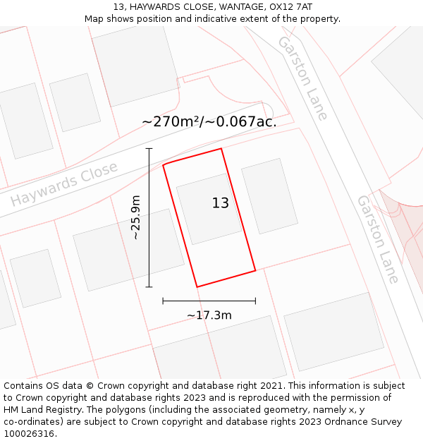 13, HAYWARDS CLOSE, WANTAGE, OX12 7AT: Plot and title map