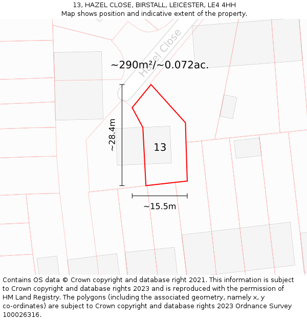 13, HAZEL CLOSE, BIRSTALL, LEICESTER, LE4 4HH: Plot and title map