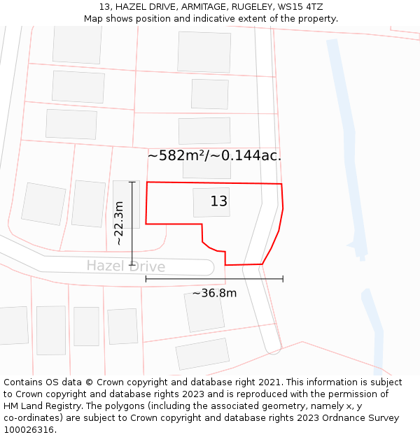 13, HAZEL DRIVE, ARMITAGE, RUGELEY, WS15 4TZ: Plot and title map