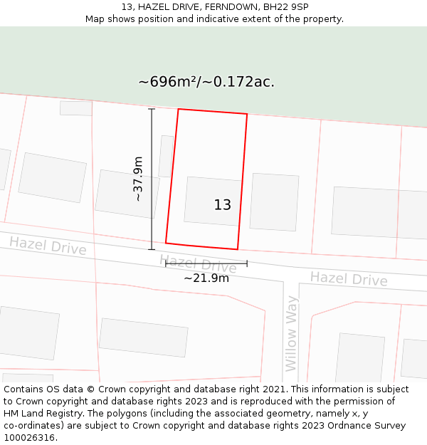 13, HAZEL DRIVE, FERNDOWN, BH22 9SP: Plot and title map