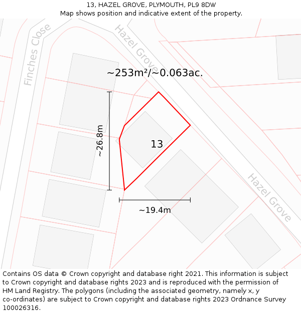 13, HAZEL GROVE, PLYMOUTH, PL9 8DW: Plot and title map