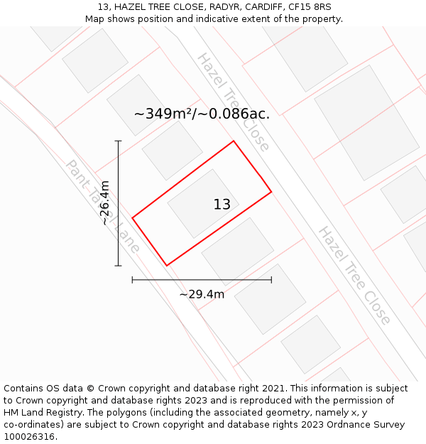 13, HAZEL TREE CLOSE, RADYR, CARDIFF, CF15 8RS: Plot and title map