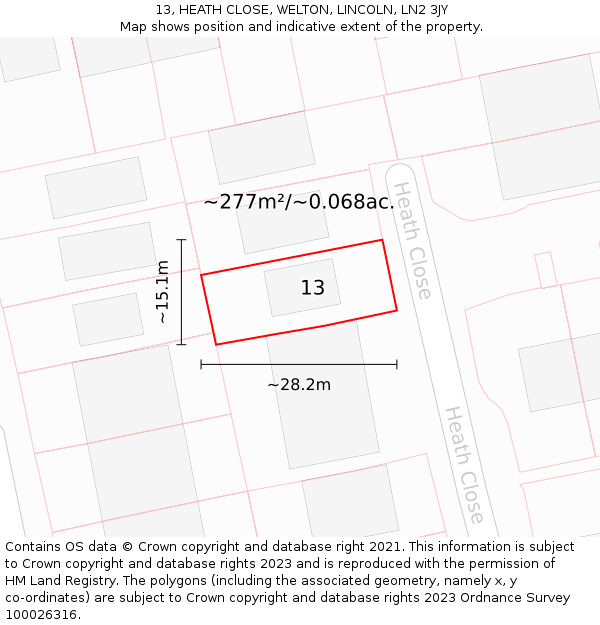 13, HEATH CLOSE, WELTON, LINCOLN, LN2 3JY: Plot and title map