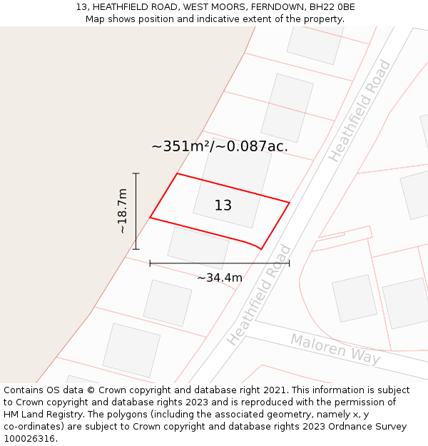 13, HEATHFIELD ROAD, WEST MOORS, FERNDOWN, BH22 0BE: Plot and title map