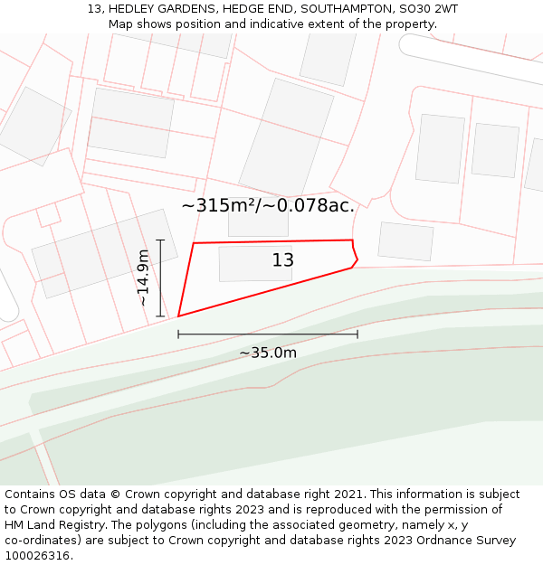 13, HEDLEY GARDENS, HEDGE END, SOUTHAMPTON, SO30 2WT: Plot and title map
