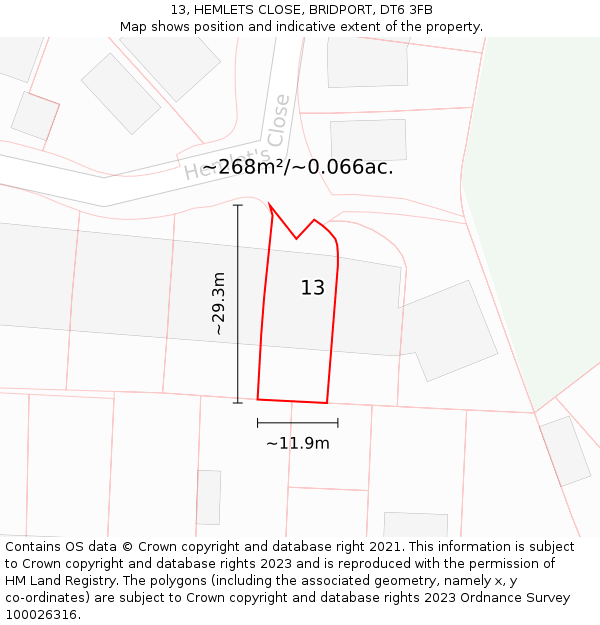 13, HEMLETS CLOSE, BRIDPORT, DT6 3FB: Plot and title map