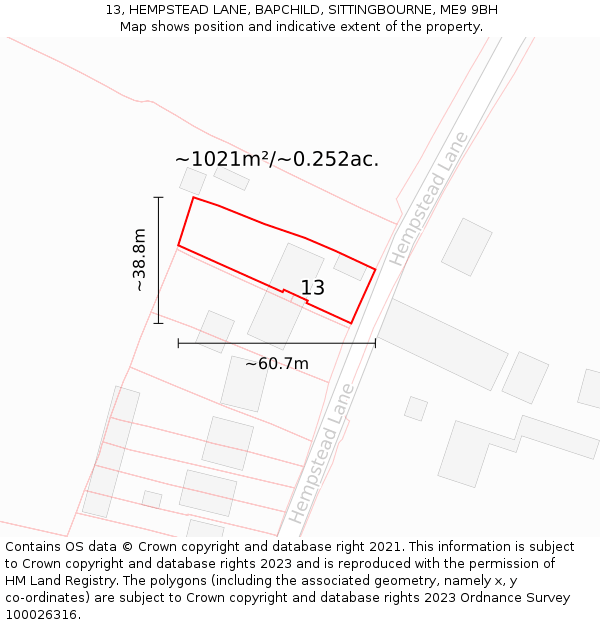 13, HEMPSTEAD LANE, BAPCHILD, SITTINGBOURNE, ME9 9BH: Plot and title map