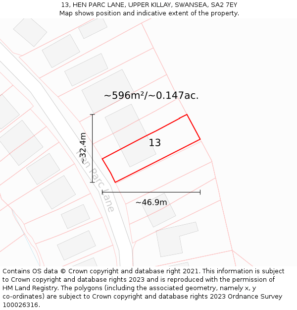 13, HEN PARC LANE, UPPER KILLAY, SWANSEA, SA2 7EY: Plot and title map