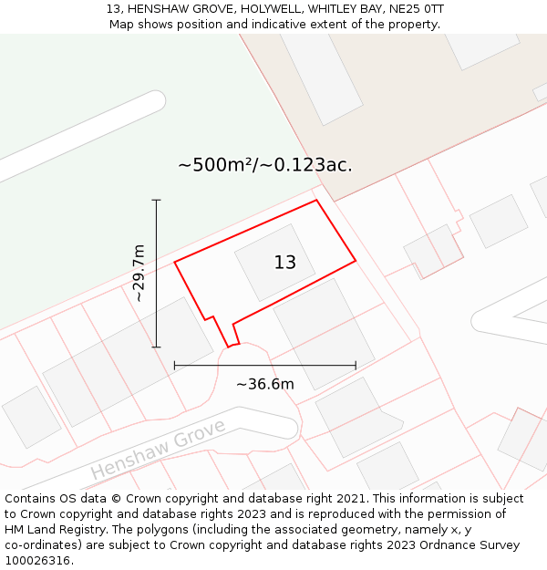 13, HENSHAW GROVE, HOLYWELL, WHITLEY BAY, NE25 0TT: Plot and title map