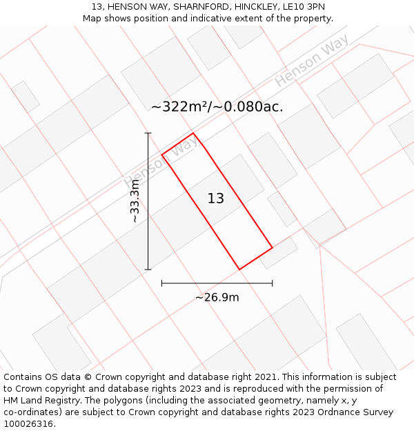 13, HENSON WAY, SHARNFORD, HINCKLEY, LE10 3PN: Plot and title map