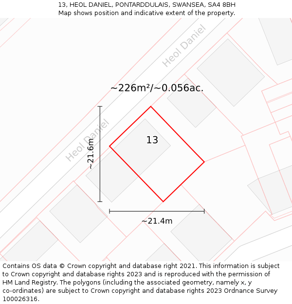 13, HEOL DANIEL, PONTARDDULAIS, SWANSEA, SA4 8BH: Plot and title map