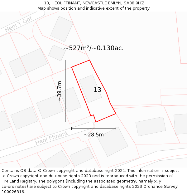 13, HEOL FFINANT, NEWCASTLE EMLYN, SA38 9HZ: Plot and title map