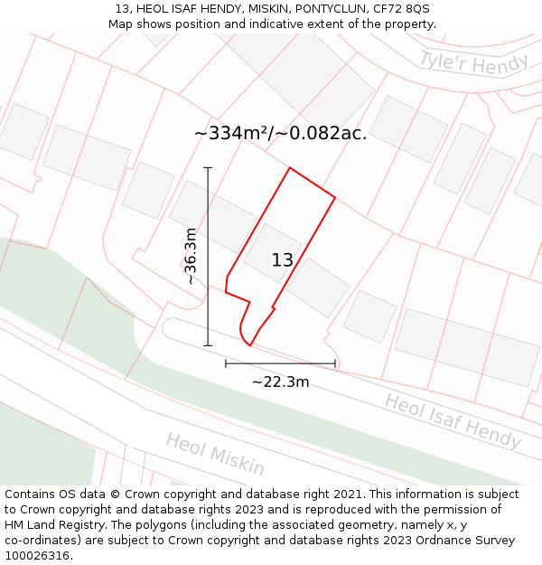 13, HEOL ISAF HENDY, MISKIN, PONTYCLUN, CF72 8QS: Plot and title map