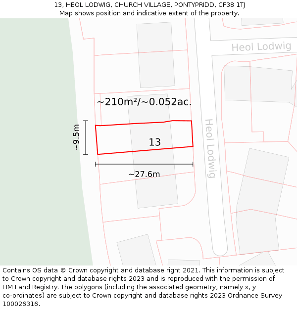 13, HEOL LODWIG, CHURCH VILLAGE, PONTYPRIDD, CF38 1TJ: Plot and title map