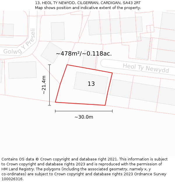 13, HEOL TY NEWYDD, CILGERRAN, CARDIGAN, SA43 2RT: Plot and title map