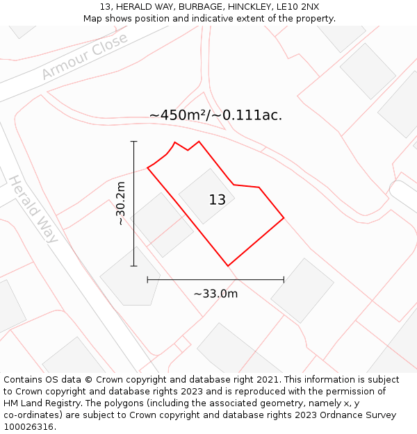 13, HERALD WAY, BURBAGE, HINCKLEY, LE10 2NX: Plot and title map