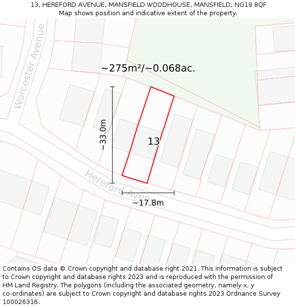 13, HEREFORD AVENUE, MANSFIELD WOODHOUSE, MANSFIELD, NG19 8QF: Plot and title map