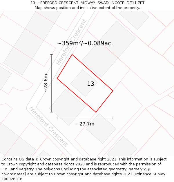 13, HEREFORD CRESCENT, MIDWAY, SWADLINCOTE, DE11 7PT: Plot and title map